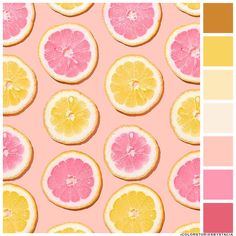 a pink and yellow color scheme with oranges, lemons, and grapefruit