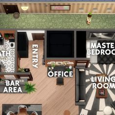 an overhead view of a living room, bedroom and dining area in the floor plan