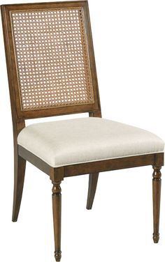 a wooden chair with a white seat and back cushion on it's side, against a white background