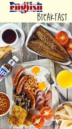 an english breakfast with eggs, sausages, beans and tomatoes