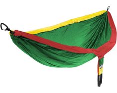 a green and blue hammock hanging from a hook