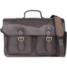 a brown leather briefcase with two compartments and one compartment on the front, sitting against a white background