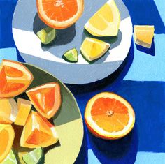 an oil painting of sliced oranges and limes on a blue tablecloth with a white plate