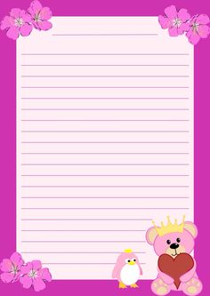 a pink teddy bear holding a heart next to a blank paper with flowers on it