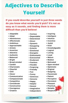 a poster with the words advertises to describe yourself and other things in it