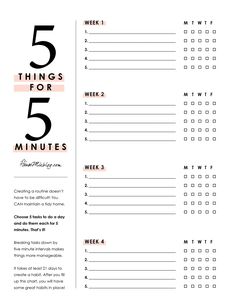 the printable 5 things for five minutes to do list is shown in black and white