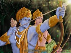 the avatar of lord rama with bow and arrow in his hand, surrounded by trees