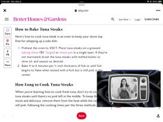 a screen shot of the better homes and gardens website, showing how to cook tuna steaks