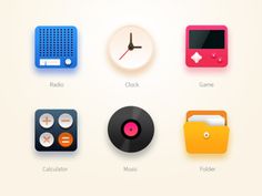 the different types of electronic devices are depicted in this graphic style, including an analog clock, record player, and music folder