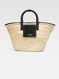 Beach basket bag. Black Beach Bag, Beach Basket, Jacquemus Bag, Black Beach, Hand Woven Baskets, Basket Bag, Strap Tops, Metallic Logo, Small Leather Goods