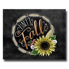 a chalkboard drawing with the words happy fall and a sunflower