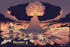 an image of a man standing in front of a nuclear explosion with the words falout 4 on it