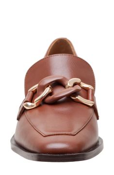 A two-tone chain graces the apron toe of this rich leather loafer lofted on a chunky block heel with a slip-resistant rubber sole. 1 1/2" heel Cushioned footbed Leather upper/synthetic lining/rubber sole Imported Elegant Brown Platform Loafers With Leather Footbed, Brown Loafers With Metal Feet For Work, Chain Strap Loafers With Round Toe For Work, Block Heel Loafers, Low Heel Shoes, Chunky Block Heels, Leather Mules, Heeled Loafers, Heel Shoes