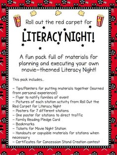 a red and black poster with the words, roll out the red carpet for library night