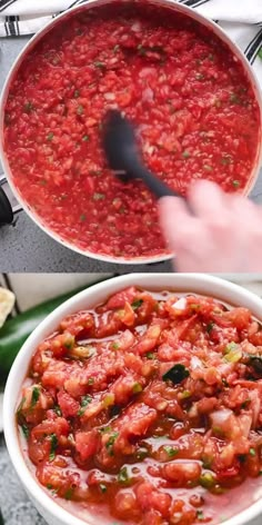 two pictures showing how to make tomato sauce in one pot and the other side by side