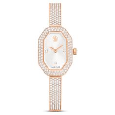 This light-catching Dextera bangle watch is crafted in Swarovski’s renowned iconic octagon shape. The 20mm x 30.5mm case features a rose gold-tone finish and is adorned with a pavé of 92 crystals on the bezel. This provides a perfect frame for the sunray dial, which features a swan logo at 12 o’clock and three crystallized index markers. Along with a single dazzling crystal set in the crown, the watch is also brought to life by 194 crystals set along the adjustable bracelet, providing exceptional beauty at every hour. This Swiss made watch is water resistant to 30m and combines joyful extravagance with signature Swarovski savoir-faire. Champagne Gold Color, Swan Logo, Bangle Watches, Octagon Shape, Metal Bracelet, Swarovski Jewelry, Silver Pendants, Single Earring, Champagne Gold