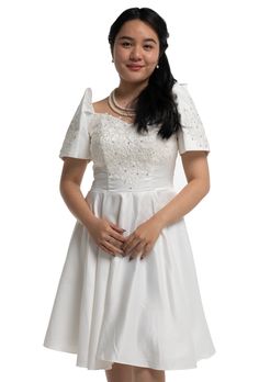 Filipiniana Modern Duchess MIDI Dress - Sandra MR512 Knee-length Gown With Fitted Bodice, Fitted Short Sleeve Dresses For Ceremonies, Ceremony Dress With Fitted Bodice And Sweetheart Neckline, Elegant Short Sleeve Dress For Ceremonies, Elegant Short Sleeve Ceremony Dress, Elegant Dresses With Fitted Bodice For Ceremonies, White Short Sleeve Evening Dress For Banquet, Short Sleeve Gown With Fitted Bodice For Banquets, Elegant Fitted Dress For Ceremonies