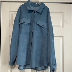 Like Brand New Corduroy Shacket Size Medium Blue Corduroy Long Sleeve Outerwear, Blue Long Sleeve Corduroy Outerwear, Blue Corduroy Outerwear With Corduroy Collar, Blue Corduroy Outerwear For Fall, Blue Corduroy Outerwear For Spring, Blue Denim Jacket With Corduroy Collar, Casual Blue Outerwear With Corduroy Collar, Blue Denim Jacket With Corduroy Collar For Fall, Corduroy Button-up Denim Jacket With Pockets