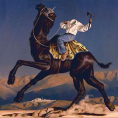 a painting of a man riding on the back of a black horse with mountains in the background