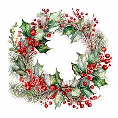 a watercolor christmas wreath with holly and berries