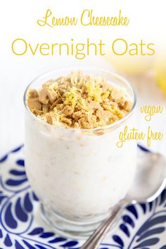 an image of overnight oats in a glass bowl on a blue and white plate