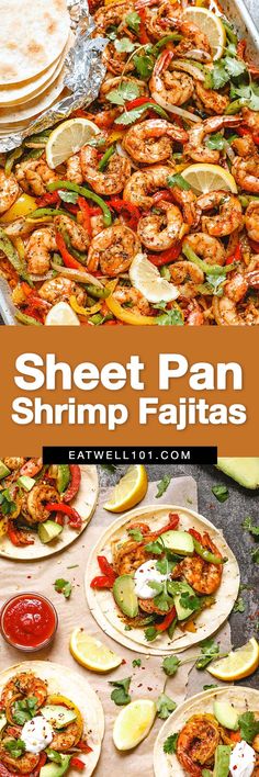 sheet pan shrimp fajitas with limes and tomatoes