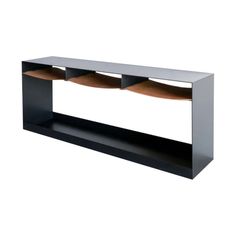 a black shelf with three wooden shelves on it