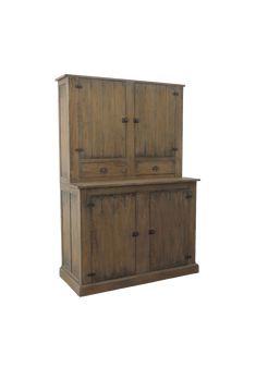 an old wooden cabinet with two doors on the front and one door open, against a white background