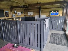 a dog laying on the ground in front of a fenced area with a tv