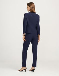 In fluid crepe, this tailored jacket is a sleek and flattering option for the office or after-hours. This item is FINAL SALE. AnneKlein.com does not offer returns, exchanges, and or store credit on clearance items. Modern Long Sleeve Pantsuit For Work, Elegant Career Pantsuit For Fall, Elegant Fall Career Pantsuit, Chic Career Suits With Welt Pockets, Office Pantsuit With Hidden Button Closure And Long Sleeves, Tailored Structured Pantsuit For Office, Tailored Structured Office Pantsuit, Sleek Notch Lapel Pantsuit For Work, Modern Tailored Long-sleeve Pantsuit