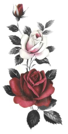 a drawing of two roses with leaves on the bottom and one flower on the top