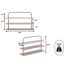 three tiered shelving unit with two shelves and one shelf on the other side