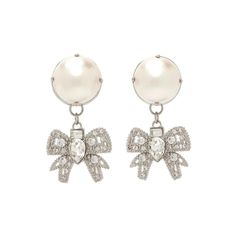 These beautiful Platinum toned earrings are a must-have for any jewelry collection. They feature chic bows adorned with oversized resin pearls and white crystals for a touch of fun and sparkle. Perfect for any occasion, these earrings will easily become your go-to piece of jewelry. They are lightweight, comfortable to wear, and will add a touch of elegance to any look. The perfect finishing touch for any outfit, these earrings will make you feel special! Pearl Embellished Earrings For Party, White Pearl Earrings With Bow For Party, Glamorous Silver Earrings With Bow, Glamorous Silver Bow Earrings, Chic Pearl Embellished Earrings For Evening, White Bow Jewelry For Evening, Chic Crystal Earrings, Chic Evening Earrings With Bow Detail, Chic Evening Earrings With Bow