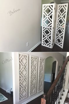 two pictures of the same room divider in different stages of being decorated with white paint and stencils