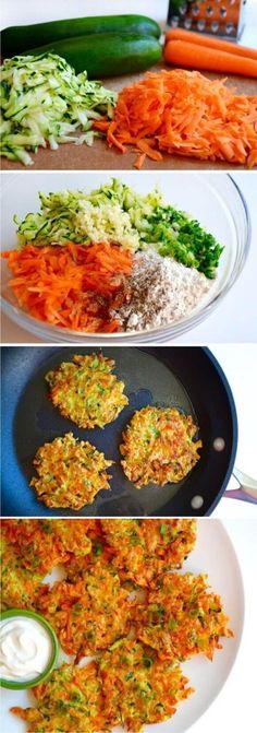 three pictures showing different types of food being cooked