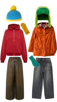 two children's clothing items including an orange jacket, green hat and brown pants