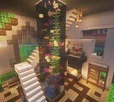 a very large room with some stairs and flowers on the wall in front of it