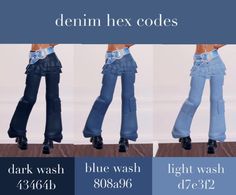 four pictures of different types of jeans with the names denim hex code on them