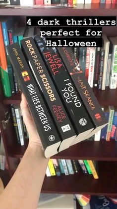 a person is holding three books in front of a bookcase with the title 4 dark thrillers perfect for halloween