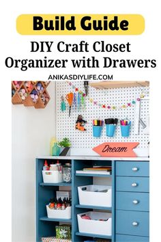 the diy craft closet organizer with drawers and storage bins is shown in this image