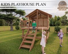 two children playing in a wooden play house with stairs and ladders to the roof