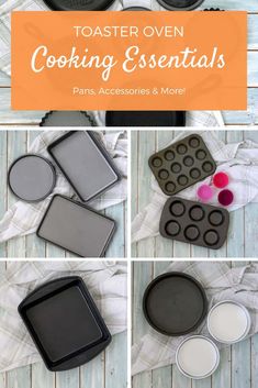 the steps to make an oven with baking supplies on it, including pans and muffin tins