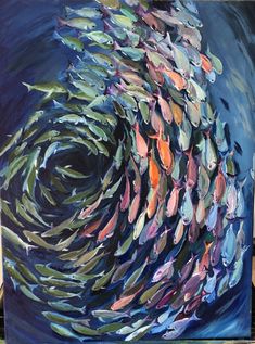 a painting of many fish swimming in the water