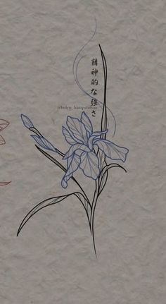 an ink drawing of flowers on paper with chinese writing