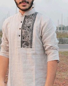 Men Panjabi Design, Navratri Kurta For Boys, Mens Navratri Kurta Designs, Panjabi For Men Bengali, Onam Dress Code For Men, Fabric Painting On Kurta For Men, Men Kurta Embroidery Design, Hand Painted Panjabi Design For Men