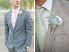 two men in suits and ties one is wearing a boutonniere the other has a succulent