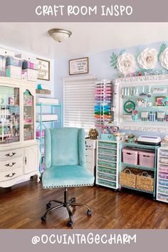 a craft room filled with lots of crafting supplies and storage containers on top of wooden floors