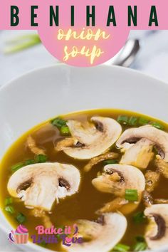 a white bowl filled with mushroom soup on top of a table