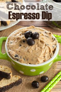 chocolate espresso dip in a green casserole dish with black olives