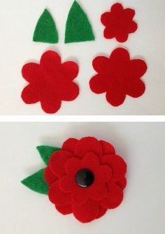 two pictures of red felt flowers with green leaves and one has a black button in the middle